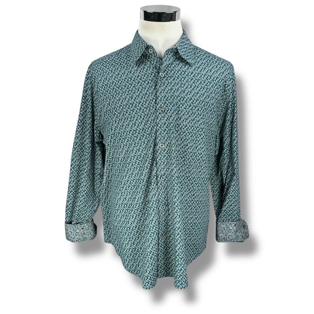 Robert Graham Shirt Men 2XL XXL Blue Aqua Geometric Cotton Long Sleeve Button‎